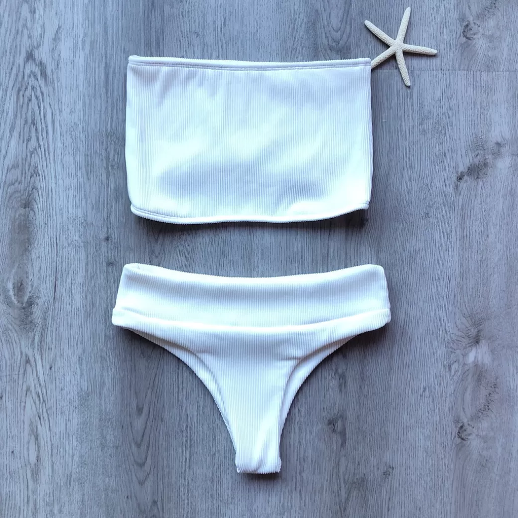 Strapless Bandeaus<Kulani Kinis Long Tube Bikini Top – White Ribbed Bikini Tops